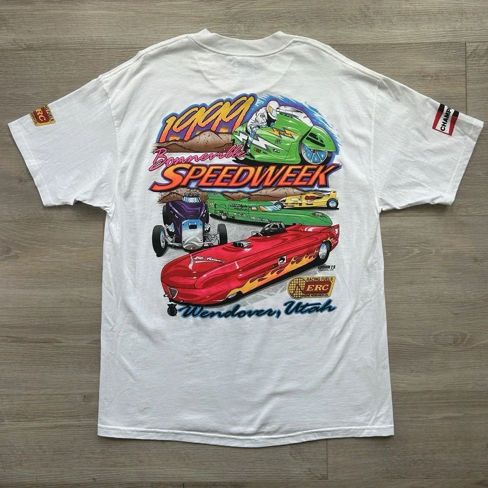 Vintage 1999 XL Bonneville Speedweek White T-shirt AOP Racing Tee Wendover,Utah